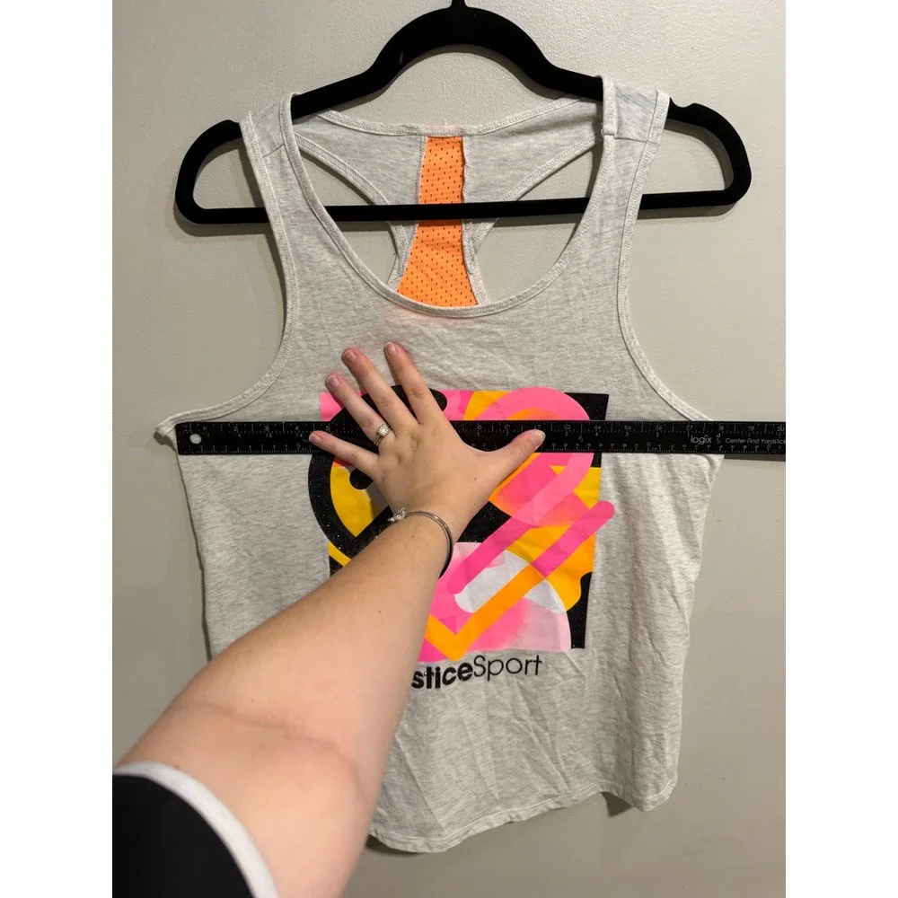 Justice Sport Girls XL Plus Gray Neon Graphic Racerback Mesh Active Tank Top